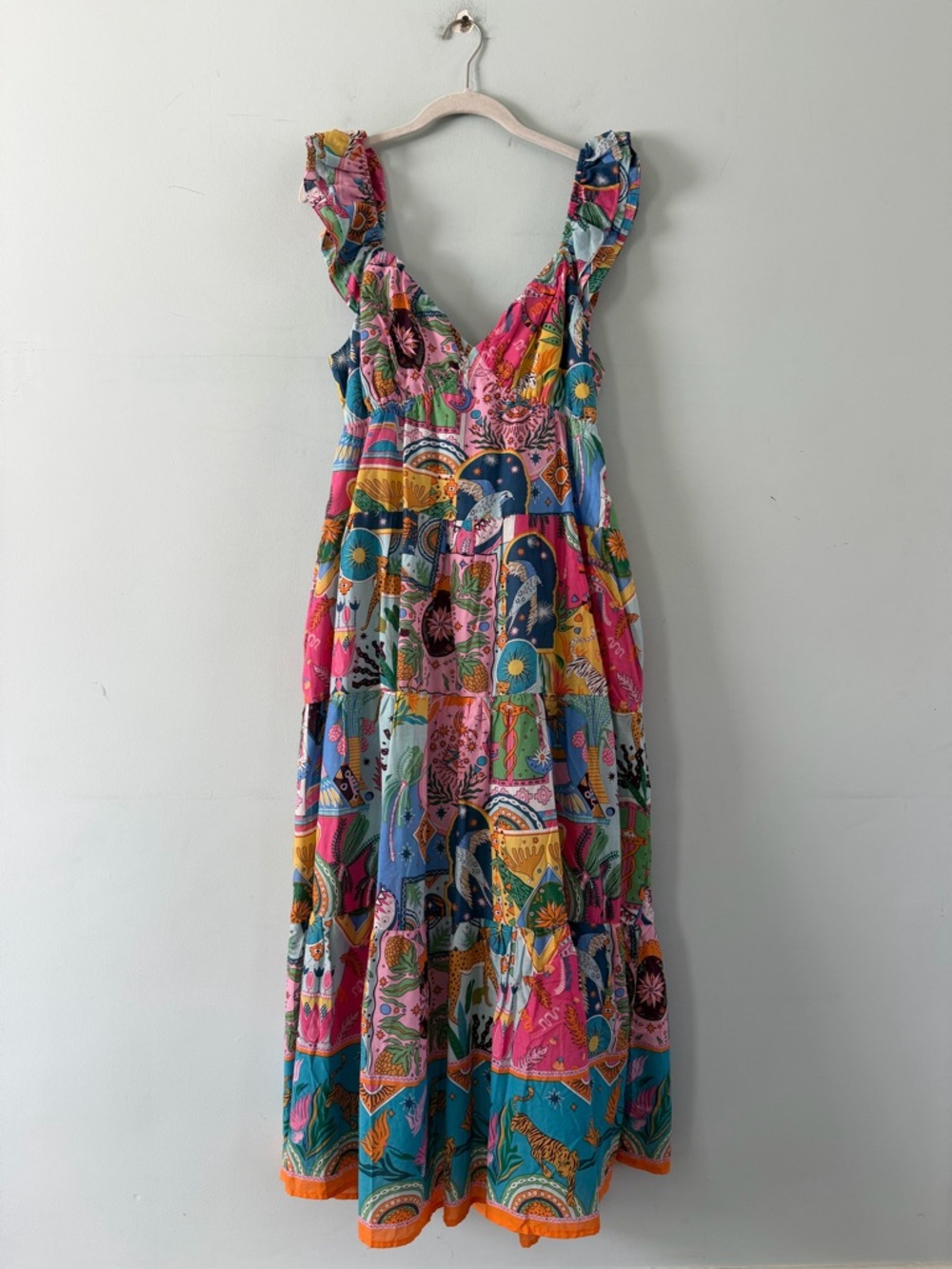 NWT J.Marie Sloane Ruffle Sleeve Celestial Zodiac Colorful Boho Tie Midi Dress - Picture 4 of 8